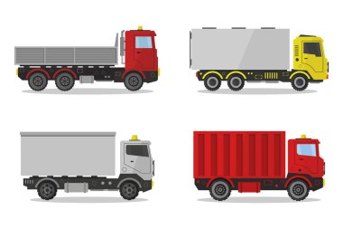 Kamyonlarla ayarlandı. Vektör. Düz stil. beyaz arkaplan.