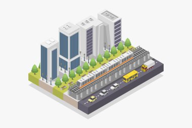 Arabalarla izometrik şehir kompozisyonu ve arabalarla ağaçlar ve vektör illüstrasyonları