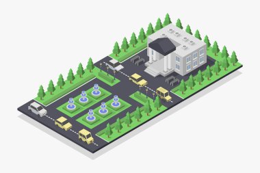 Yeşil ağaçları, ağaçları, çalıları ve çalıları, binaları olan bir şehrin izometrik çizimi.