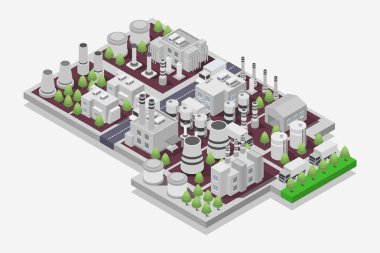 Fabrika inşaatı ve sanayi binaları vektör illüstrasyonuyla izometrik bileşim