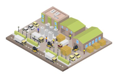Sokak manzaralı ve binaların vektör illüstrasyonlu izometrik şehir kompozisyonu