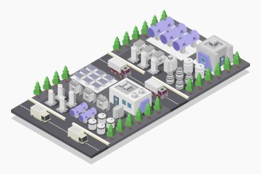 Üç boyutlu modern şehir binaları, sokakları ve yolları var.