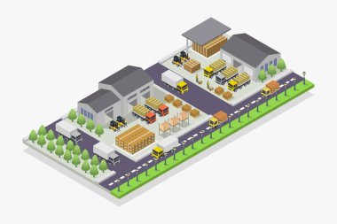 Tahta çatılı ve büyük bir evi olan bir deponun izometrik üç boyutlu çizimi.