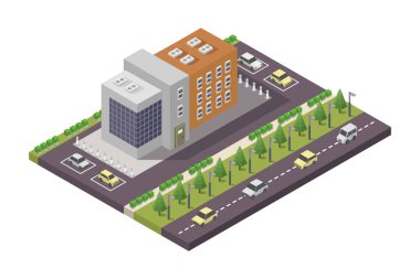 İzometrik şehir binası. Beyaz arkaplanda izole edilmiş vektör çizim ögesi.