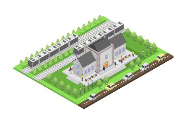 3 boyutlu görüntüleme. Beyaz binası olan bir şehrin izometrik çizimi