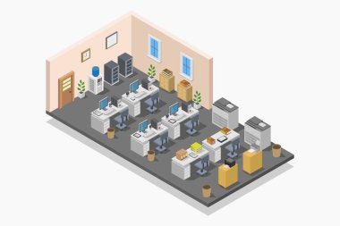 Modern ofisin içinde. izometrik vektör çizimi.
