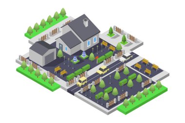 Ağaçları ve evleri olan izometrik bir şehir. 3 boyutlu illüstrasyon. vektör izometrik illüstrasyon.