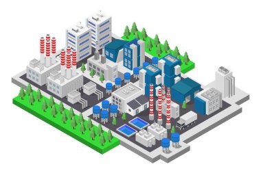 İzometrik şehir ve yeşil manzara, gökdelenler, binalar, binalar, ağaçlar ve bitkilerle kentsel manzara
