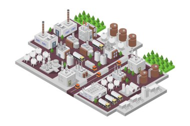 Büyük bir sanayi fabrikası olan bir fabrikanın izometrik vektör çizimi.