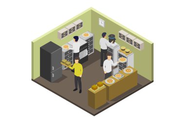 Mutfakta bir şefin izometrik vektör çizimi