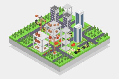 Şehrin izometrik vektör çizimi. şehir, modern mimari