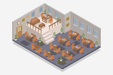 Evin iç kısmının izometrik vektör çizimi. bir köpeğin vektör illüstrasyonu.