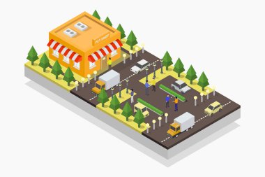 İzometrik şehir parkı, şehir parkı, sokak, yol, yol, sokak ve ağaçlar, vektör illüstrasyonu