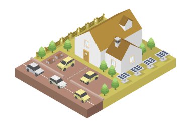 Ağaçları, yolları ve arabaları olan izometrik bir ev.