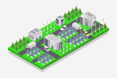 izometrik şehir ve yeşil evler.