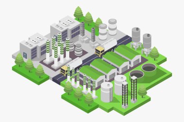 Yeşil çimenleri, ağaçları, ağaçları, sokakları, arabaları olan izometrik bir şehir. 3d vektör illüstrasyonu.