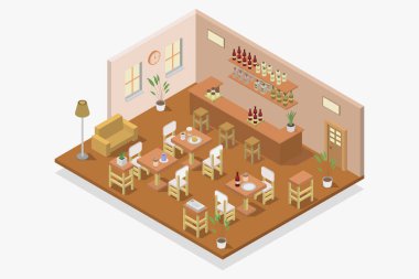 Sandalyelerle yemek yemenin izometrik iç mekanı