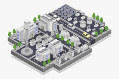 şehir izometrik görünümü, 3 boyutlu illüstrasyon.