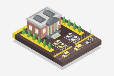 Ağaçlı ve otlu vektör izometrik bina