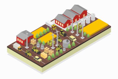 Çimen ve ağaç tarlasına sahip vektör izometrik fabrika.