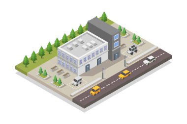 İzometrik şehir manzarası, şehir, yol ve binalar