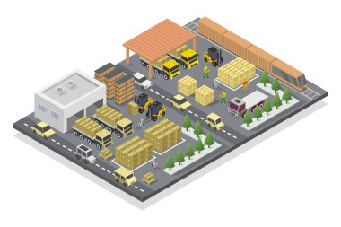Modern şehir binalarının, sokakların ve evlerin, binaların ve sokakların 3 boyutlu izometrik çizimi
