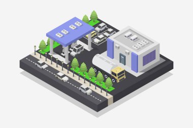 Modern bir şehrin izometrik çizimi, çatısı, ağaçları, çalıları ve evi olan bir yerleşim yeri..