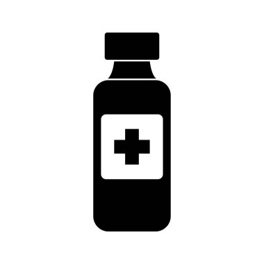 Tıbbi şişe simgesi vektörü beyaz arkaplanda izole edildi, saydam arkaplanda mobil uygulama işareti logosu konsepti, doldurulmuş siyah sembol