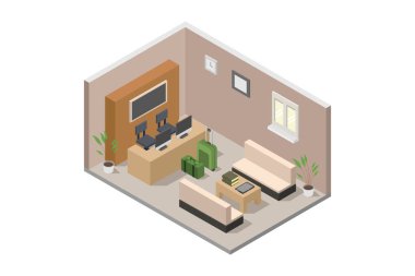 Oturma odasının iç tasarımı. İzometrik görüş. 3 boyutlu izometrik illüstrasyon.