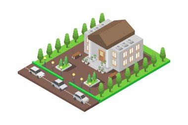 Evleri ve ağaçları olan izometrik şehir vektör çizimi