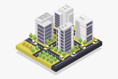 Modern izometrik bina, şehir, gökdelenler, gökdelen, vektör illüstrasyonu