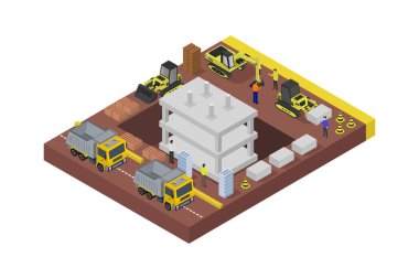 İzometrik vektör çizimi, bir kamyonun ve kamyonun izometrik görüntüsü.