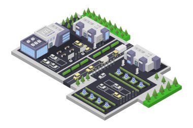 Şehir binaları izometrik kompozisyon ile izole edilmiş vektör illüstrasyon ile şehir caddeleri arabalar ve ağaçlar vektör illüstrasyon