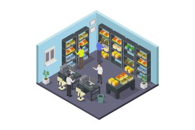 Süpermarketin insanlarla izometrik iç mekanları.