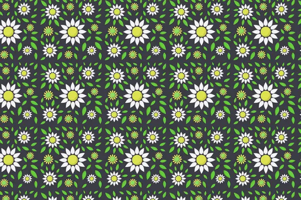 Yeşil arka planda papatya, papatya ve papatya desenli kusursuz çiçek deseni. vektör illüstrasyonu.