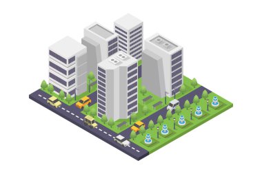 Arabaları, yolları, ağaçları, binaları olan izometrik şehrin vektör çizimi