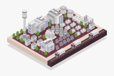 Binaları olan izometrik vektör şehir. Gökdelenleri, binaları, gökdelenleri, binaları, ağaçları, bitkileri olan modern bir şehir. vektör illüstrasyonu