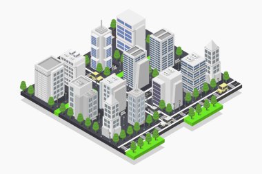 İzometrik şehir binaları, ağaçlar, çalılar, evler, binalar, binalar ve caddeler