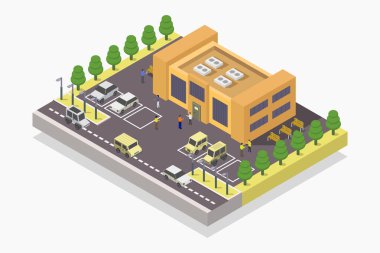 Ağaçları ve binaları olan şehir caddesi, vektör illüstrasyon tasarımı