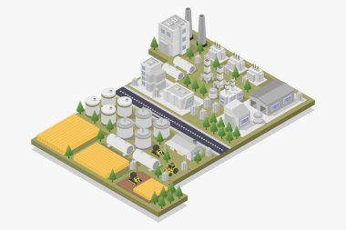 Sanayi binası ve bitki vektör illüstrasyonuyla izometrik fabrika bileşimi