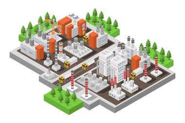 Binaların, binaların, yolların, arabaların, yolların, ağaçların ve binaların bulunduğu bir şehrin izometrik çizimi.