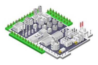 İzometrik endüstriyel fabrika. Endüstriyel fabrika. 3d vektör illüstrasyonu.