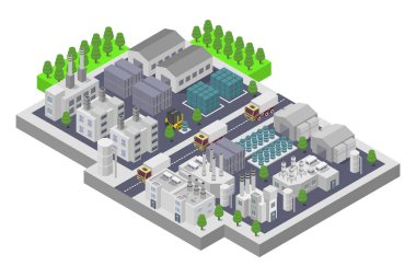 Şehir binalarının izometrik görüntüsü. 3 boyutlu illüstrasyon. vektör illüstrasyonu