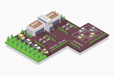 Evleri ve ağaçları olan izometrik bir şehir. Vektör çizimi. 10 saniye..