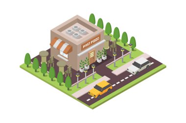 Modern binanın izometrik vektör çizimi.