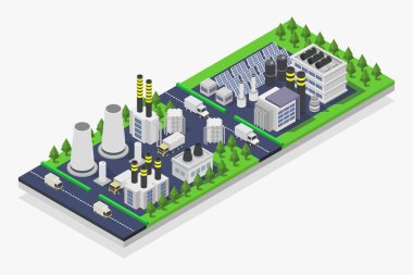 Ağaçlı üç boyutlu izometrik şehir binaları