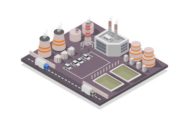 vektör izometrik fabrikası. Sanayi binası, fabrika, fabrika, sanayi fabrikası.