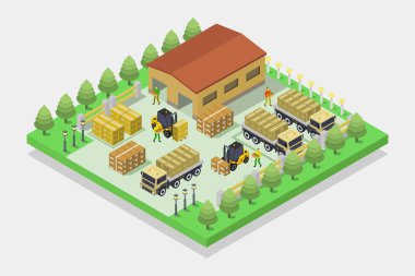 Ağaçlı izometrik şehir manzarası ve çimen vektör illüstrasyonu