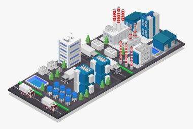 3D izometrik şehir, gökdelenler, gökdelenler, binalar ve binalar, vektör çizimi