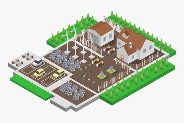 Yeşil alan ve beyaz arkaplan ile şehrin vektör illüstrasyonu.